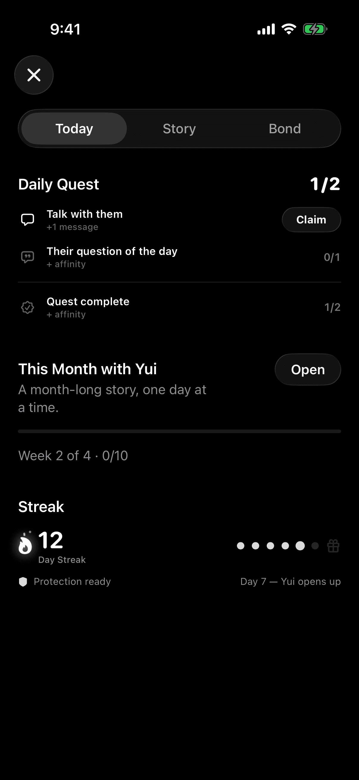 The quest sheet in Companion AI: daily quest, streak and affinity